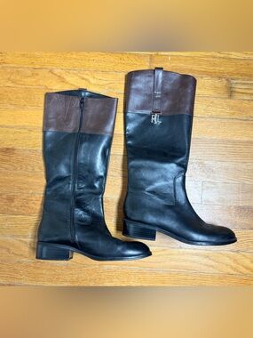 Lauren Ralph Lauren Black Leather Riding Boots with Brown Cuff
